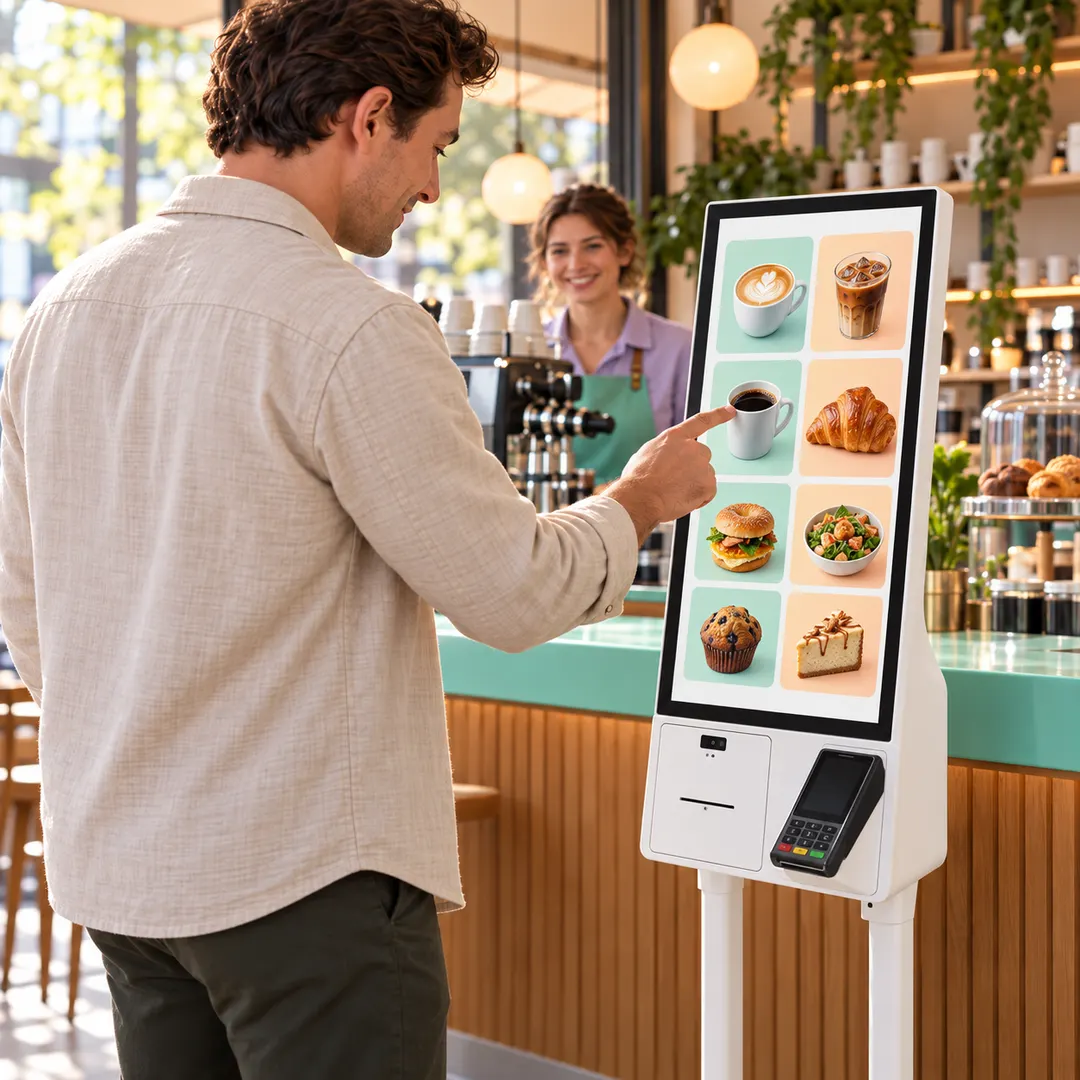 Nicolas bekijkt het koffiebarmenu op een vrijstaande Samsung-kiosk naast de toonbank.