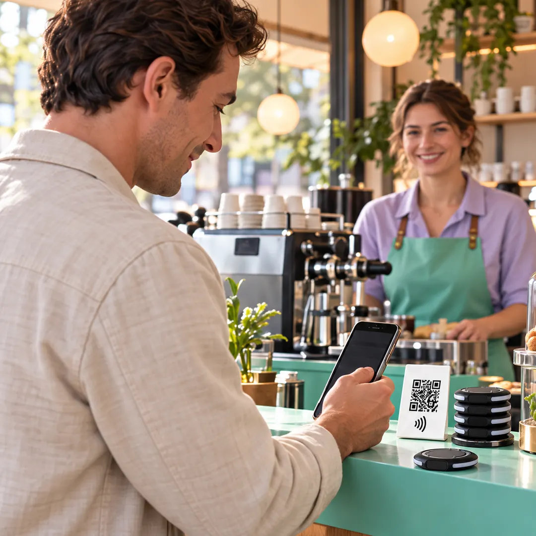 Een gast opent het koffiebarmenu bij een toonbank met een gastenoproepsysteem en pagers.