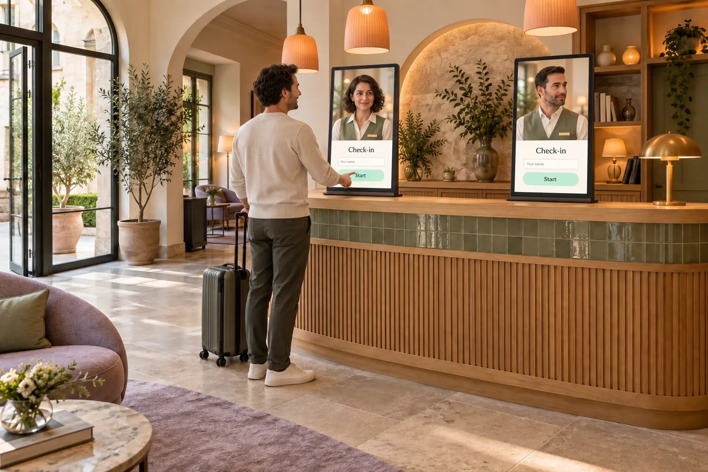 Twee schermen met herkenbare digitale receptiemedewerkers. Een hotelgast praat met één van de avatars en wordt door het inchecken geleid.