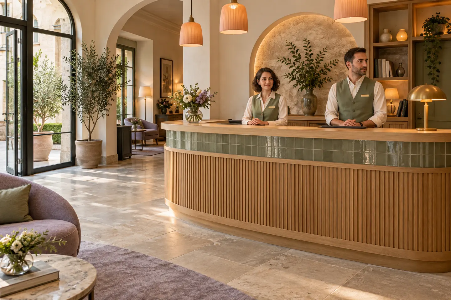 Twee receptiemedewerkers staan achter de hotelbalie. Er zijn op dat moment geen gasten om te helpen.