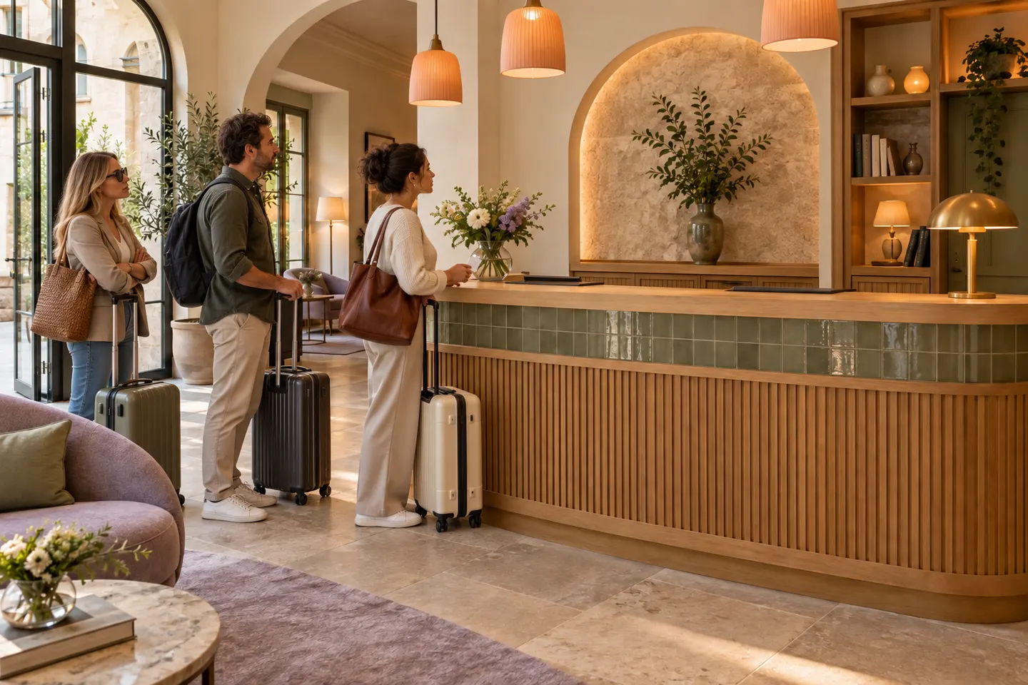 Bij dezelfde hotelreceptie staan drie gasten klaar om uit te checken. Er is niemand achter de balie.