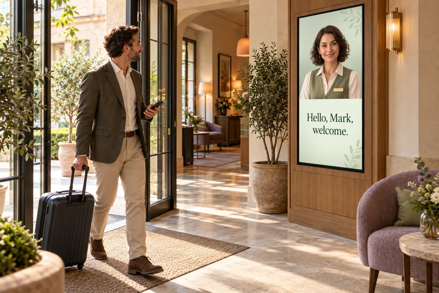 Mark staat met zijn telefoon bij de ingang van het hotel. Een avatar op het scherm begroet hem met: Hello, Mark, welcome.