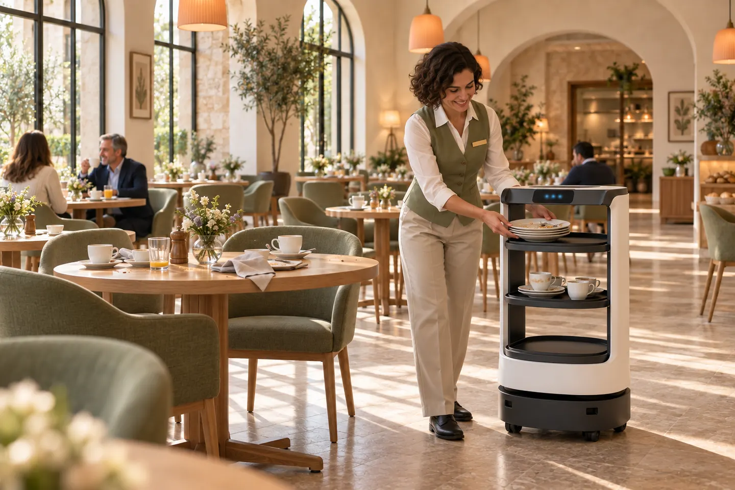 Een hotelmedewerker zet gebruikte borden op een verzamelrobot in de ontbijtruimte, klaar voor vervoer naar de spoelkeuken.