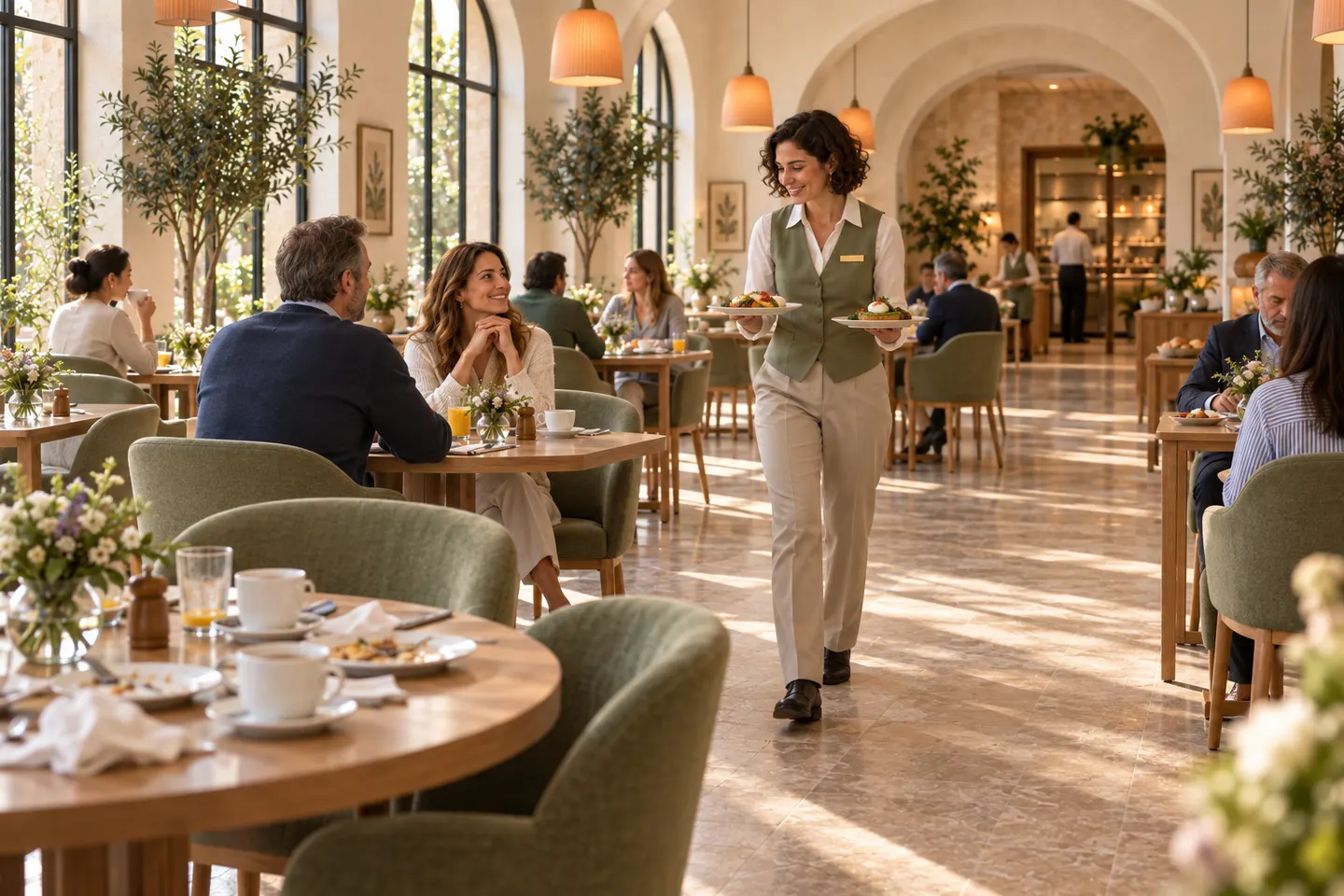 Een druk hotelontbijt: een medewerker draagt borden door de zaal, gasten wachten en op een andere tafel staat nog gebruikt servies.