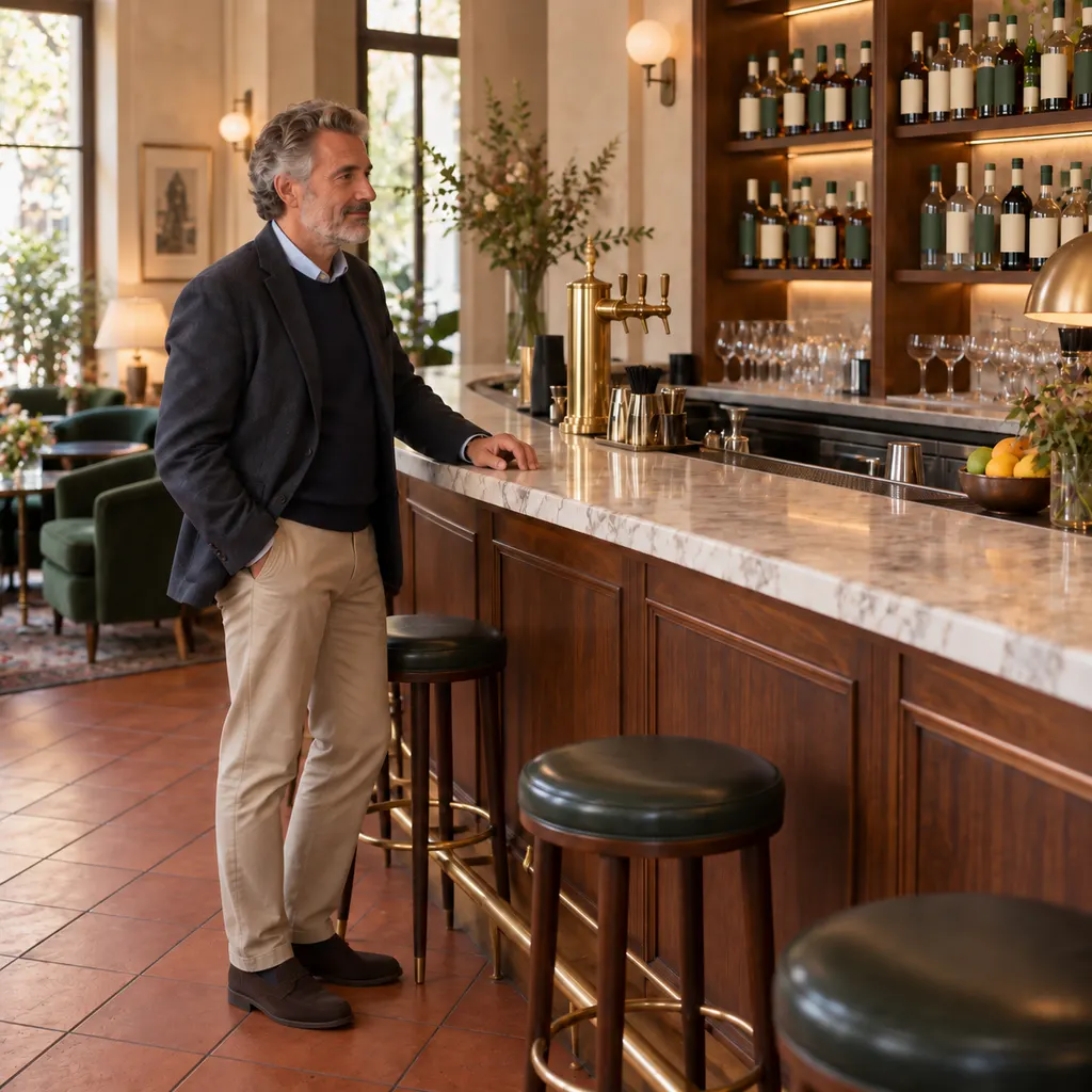 Een gast wacht aan een hotelbar met flessen en glazen; er staat niemand achter de toog.