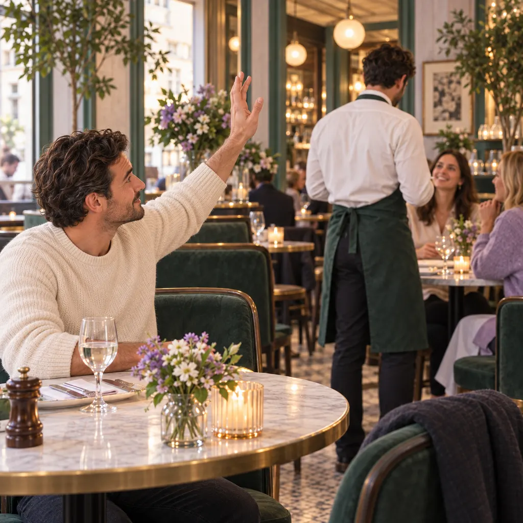 Nicolas steekt aan tafel zijn hand op, terwijl een ober met zijn rug naar hem toe een andere tafel helpt.