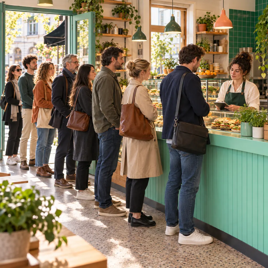 Een lange rij klanten wacht bij de toonbank van een drukke takeaway.