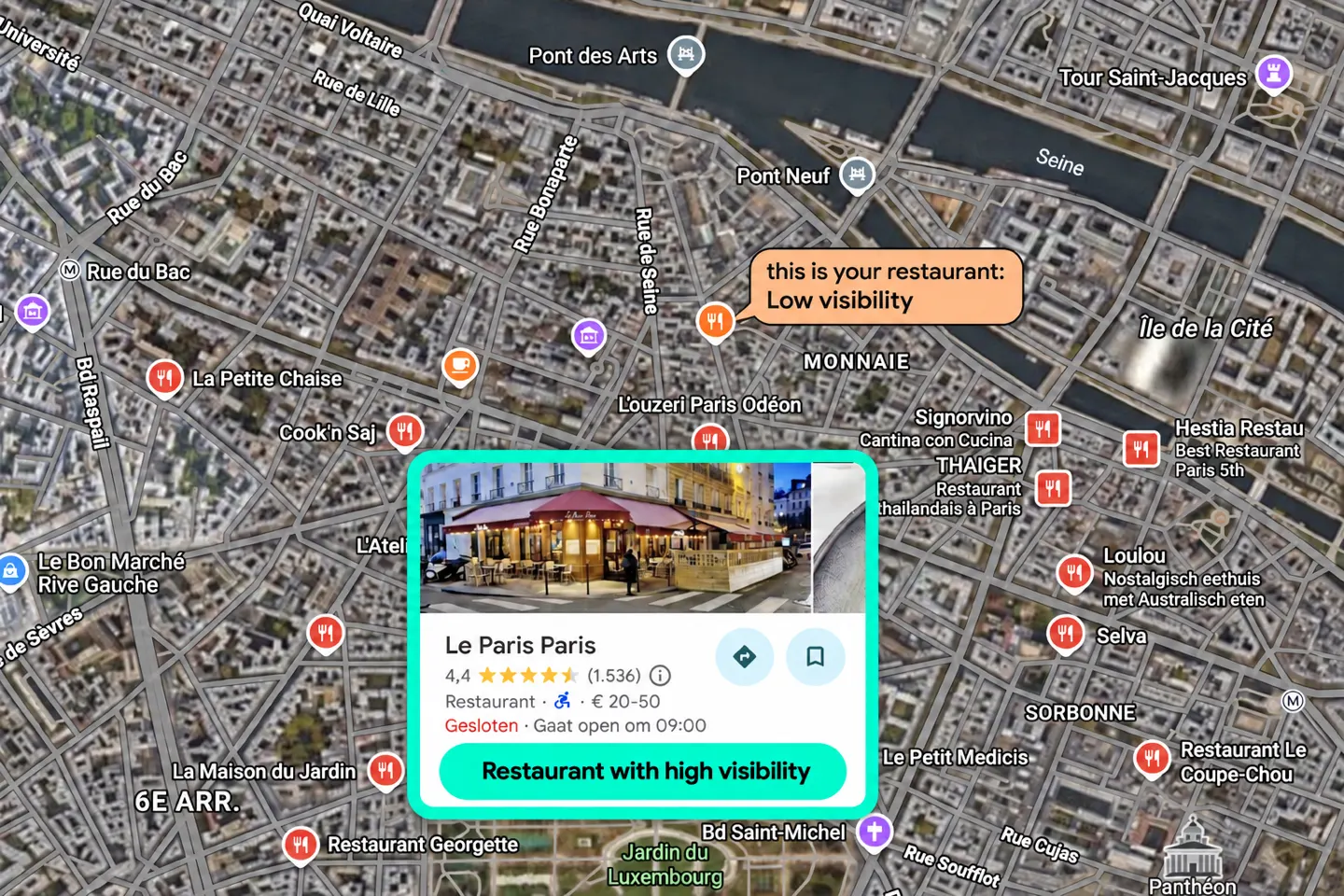 Illustratief kaartbeeld met veel restaurants: één zaak valt nauwelijks op, een andere heeft een prominent reviewprofiel.