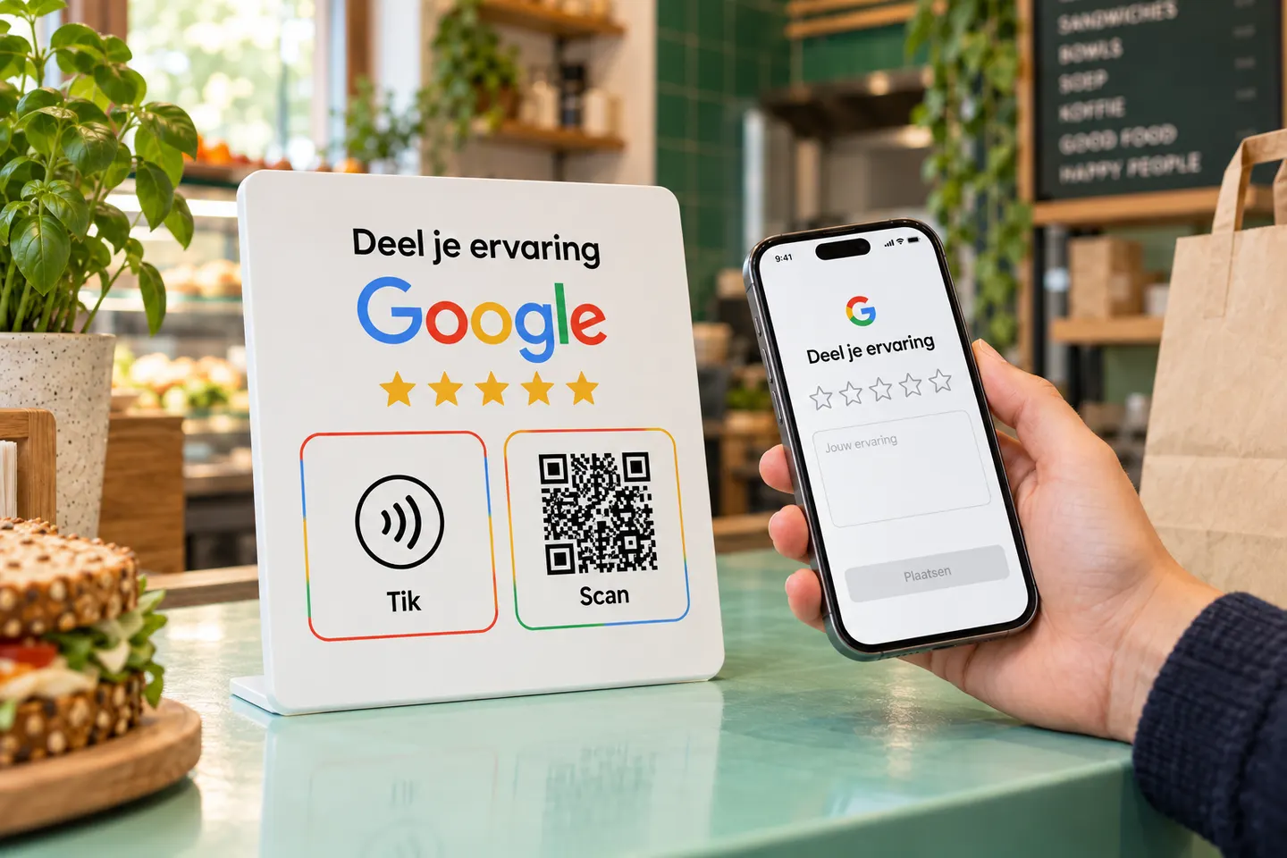 Close-up van een Google-reviewplaatje met vijf gedrukte sterren, QR-code en NFC-tag. Op de telefoon staat een reviewformulier waarin nog geen sterren gekozen zijn.
