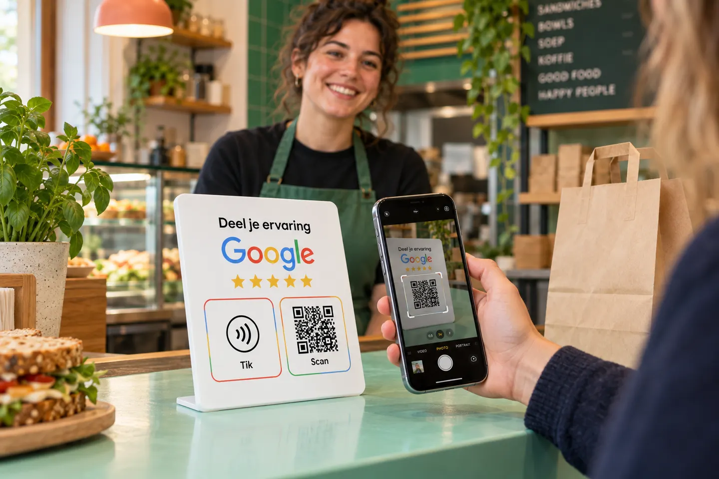 In een broodjeszaak scant een klant met zijn telefoon de QR-code op een zichtbare Google-reviewkaart met vijf sterren en een NFC-symbool.