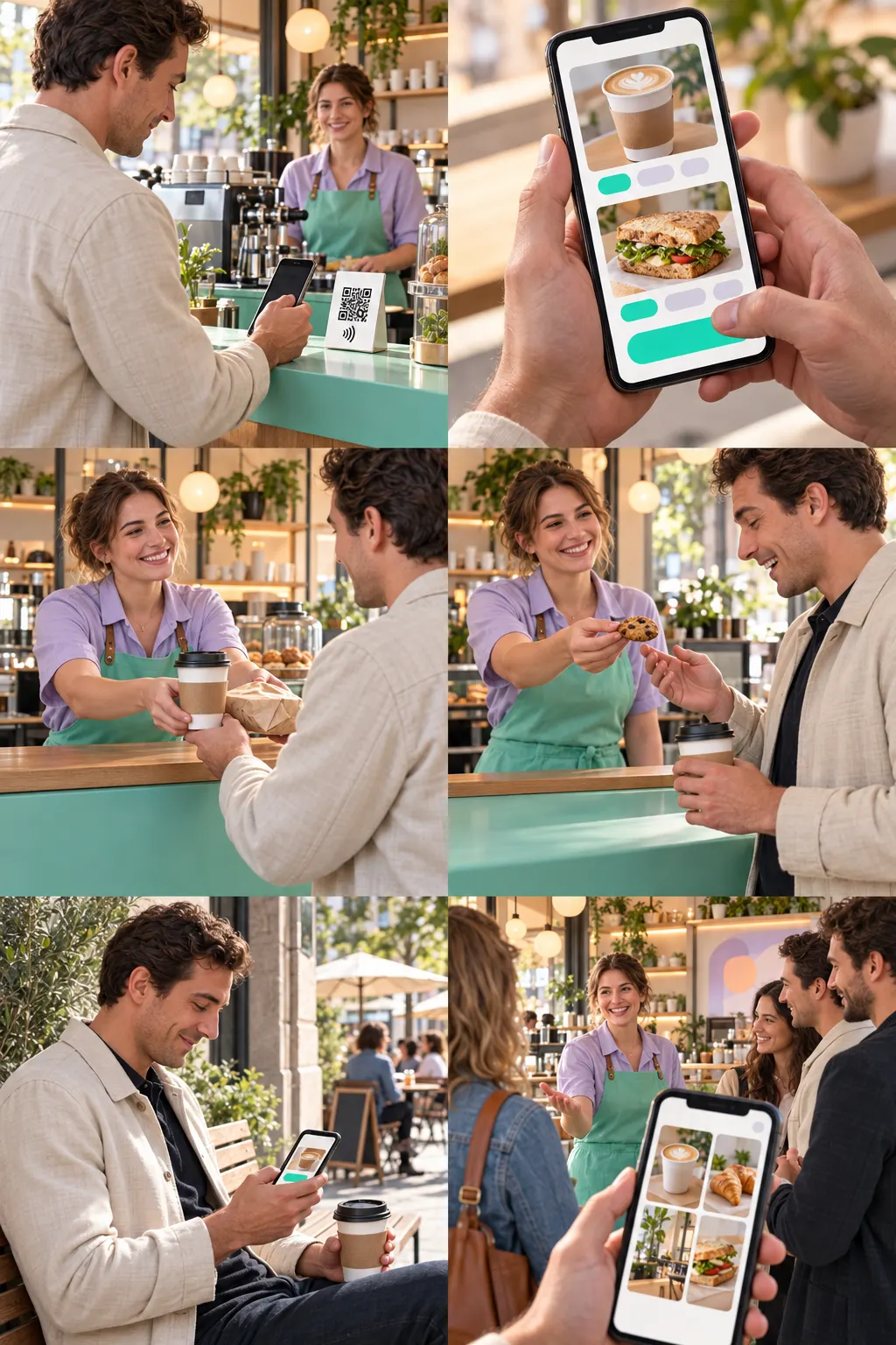 Een telefoon toont koffie- en broodjeskeuzes in het menu.