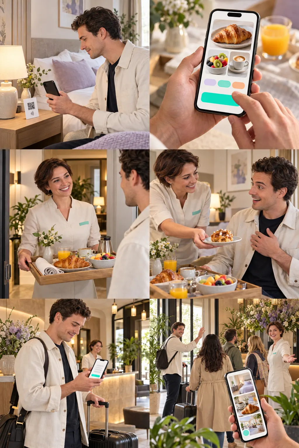 Nicolas opent het hotelmenu via een QR- of NFC-kaart.