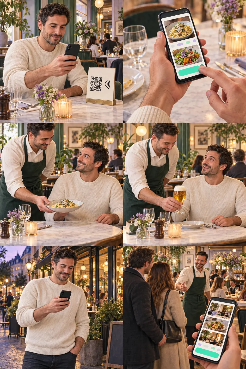 Nicolas scant het QR- of NFC-punt op zijn restauranttafel.