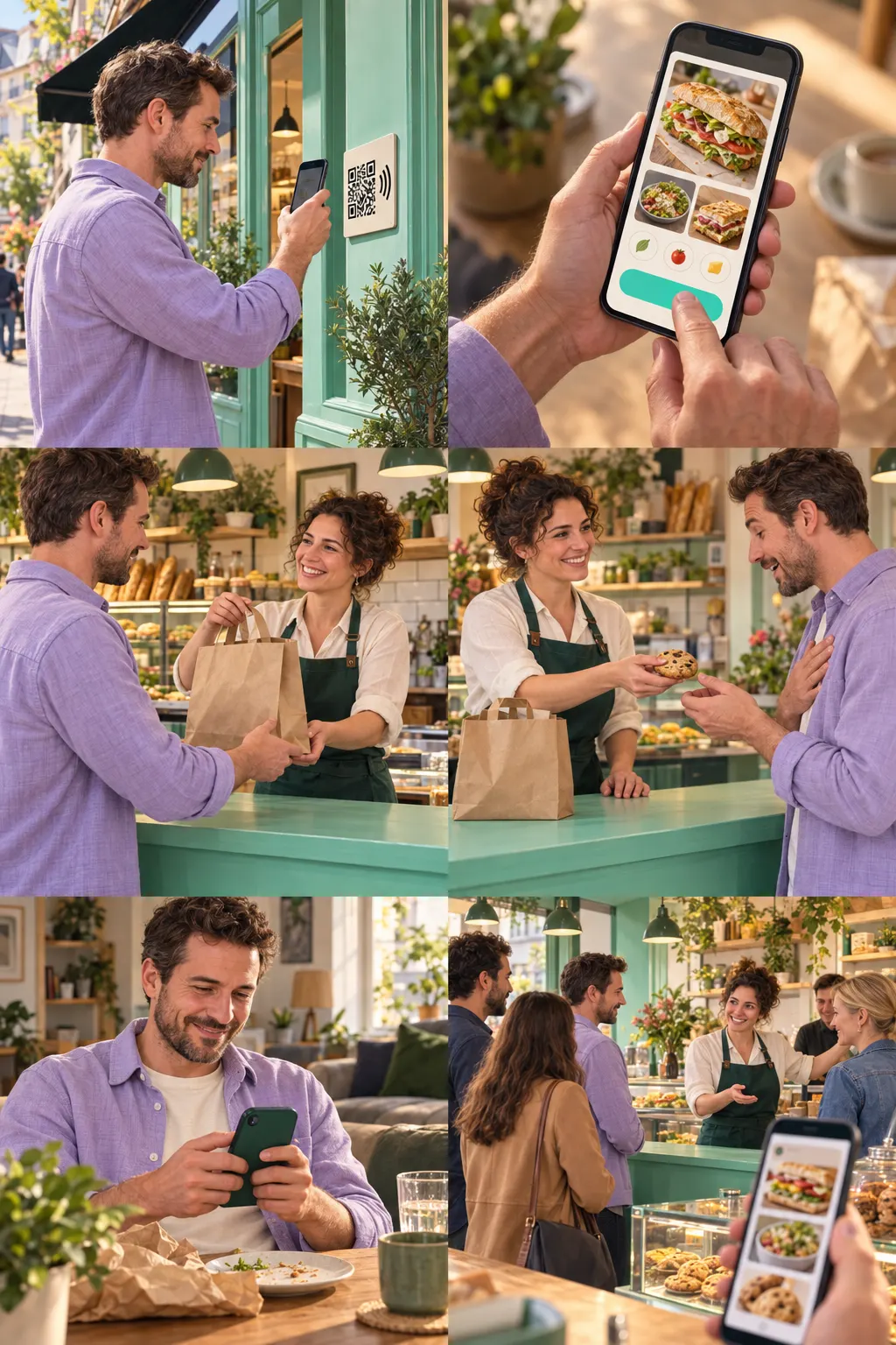 Nicolas scant een QR-bord aan het raam van een takeaway.